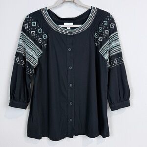 J. Jill Black and Teal Embroidered Button Up Blouse S